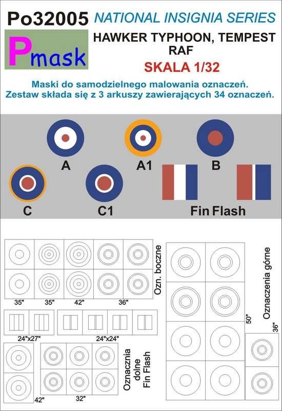P-Mask PO32005 MASKI DO MALOWANIA OZNACZEŃ HAWKER TYPHOON, TEMPEST RAF 1/32