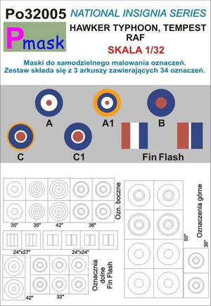 P-Mask PO32005 MASKS FOR PAINTING HAWKER TYPHOON, TEMPEST RAF MARKINGS (1/32)