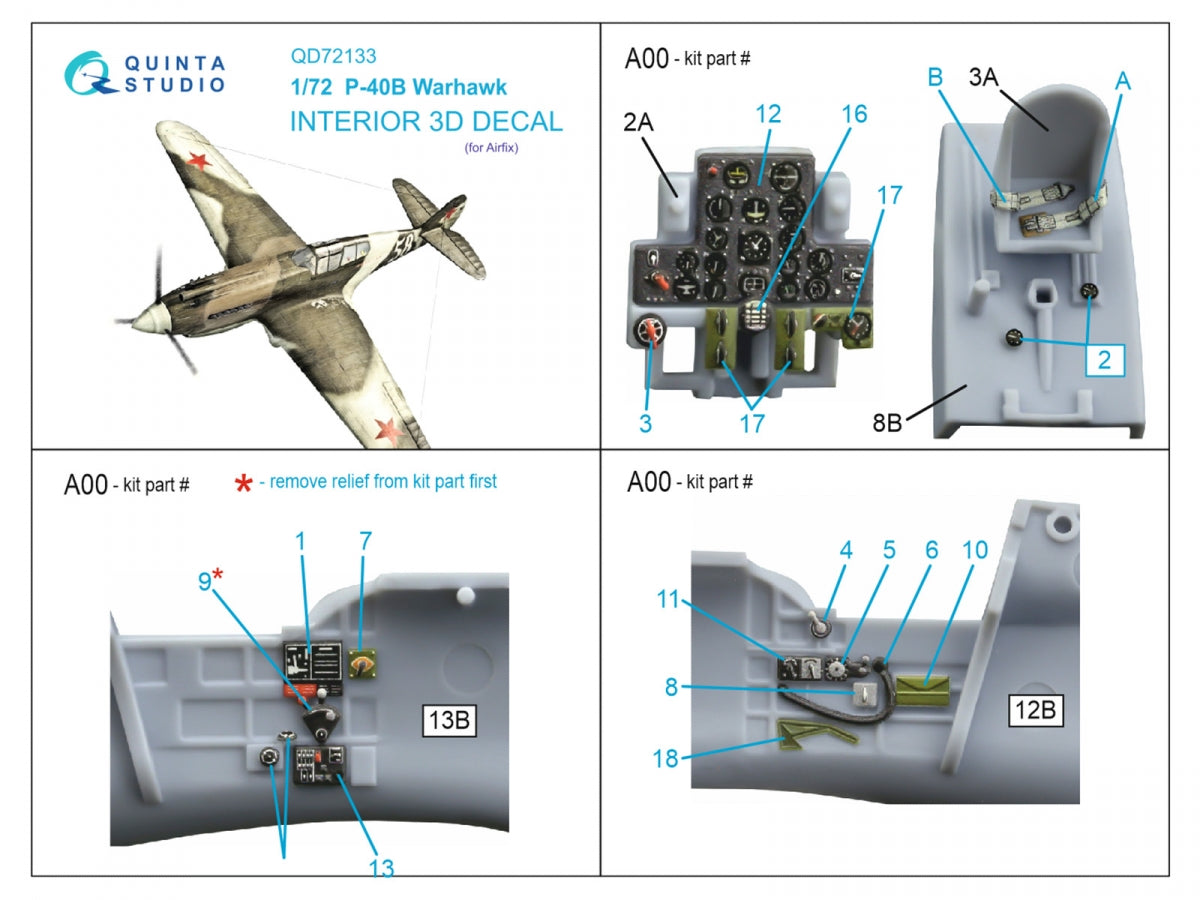 Quinta Studio QD72133 P-40B 3D-Printed colored Interior on decal paper (Airfix) 1/72 – image 2