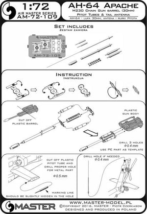 Master AM-72-109 AH-64 Apache - M230 Chain Gun barrel (30mm), Pitot tubes and tail antenna (resin, PE and turned parts) 1/72 – immagine 6