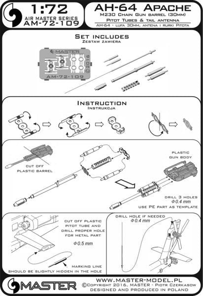 Master AM-72-109 AH-64 Apache - M230 Chain Gun barrel (30mm), Pitot tubes and tail antenna (resin, PE and turned parts) 1/72 – immagine 6