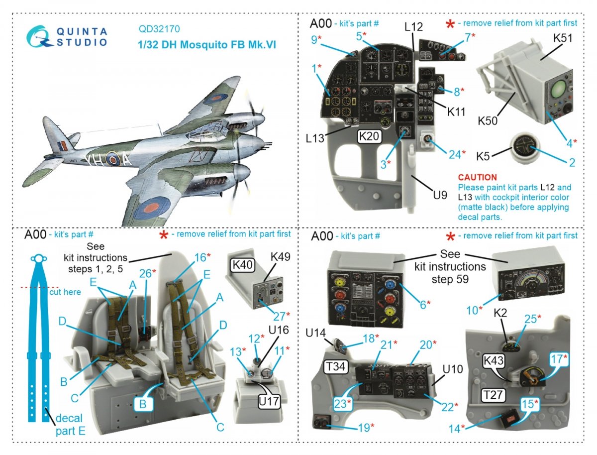 Quinta Studio QD32170 DH Mosquito FB Mk.VI 3D-Printed &amp;amp; coloured Interior on decal paper (Tamiya) 1/32 – zdjęcie 7