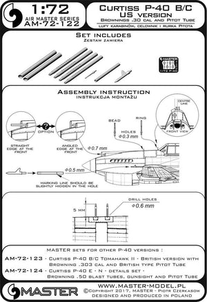 Master AM-72-122 Curtiss P-40 B/C - wersja USA - lufy karabinów Browning .30 cal i amerykańska wersja Rurki Pitota 1/72 – imagen 4