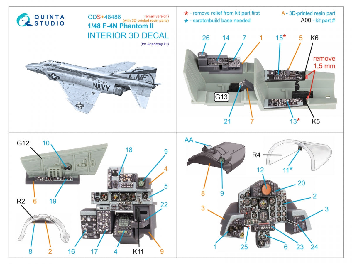 Quinta Studio QDS+48486 F-4N Phantom II 3D-Printed &amp;amp; coloured Interior on decal paper (Academy) (Small version) (with 3D-printed resin parts) 1/48 – zdjęcie 3
