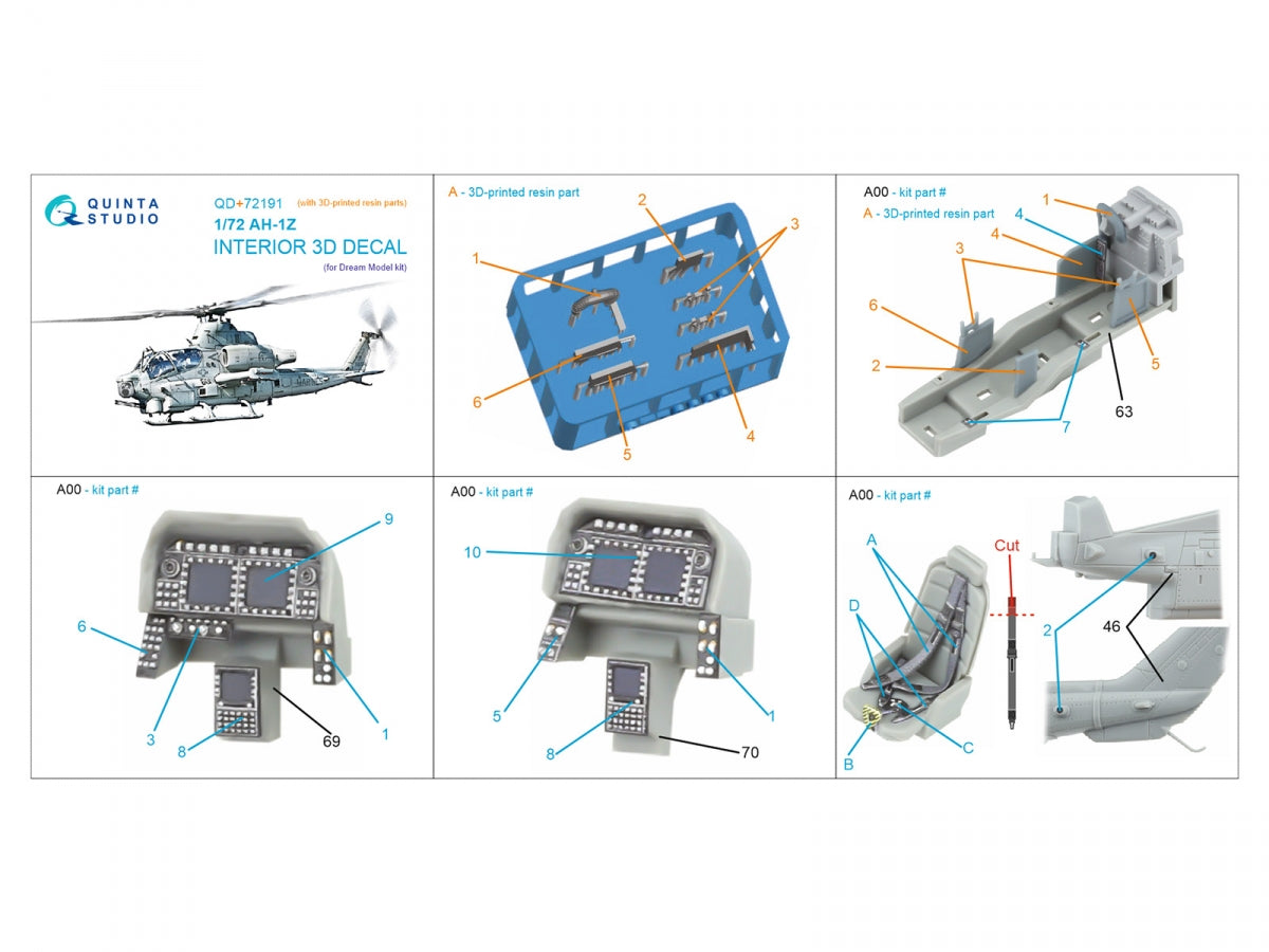Quinta Studio QD+72191 AH-1Z 3D-Printed &amp; coloured Interior on decal paper (Dream Model) 1/72