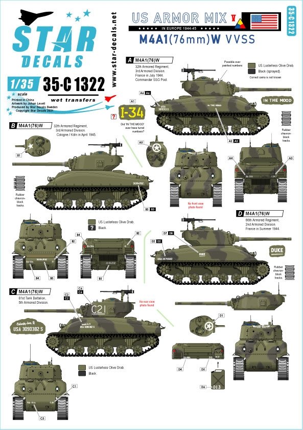 Star Decals 35-C1322 US Armor Mix # 5 M4A1 (76) W Sherman in Europe 1944-45 1/35