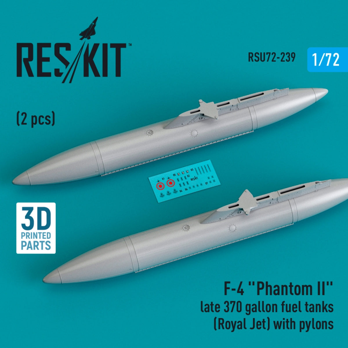 RESKIT RSU72-0239 F-4 "PHANTOM II" LATE 370 GALLON FUEL TANKS (ROYAL JET) WITH PYLONS (2 PCS) (3D PRINTED) 1/72