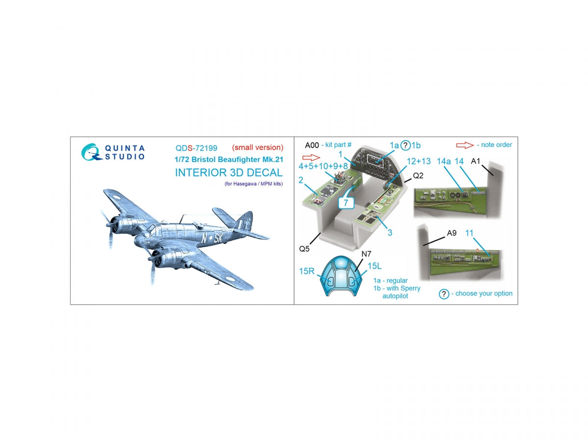 Quinta Studio QDS-72199 Bristol Beaufighter Mk.21 3D-Printed &amp;amp; coloured Interior on decal paper (Hasegawa/MPM) (small version) 1/72 – zdjęcie 2