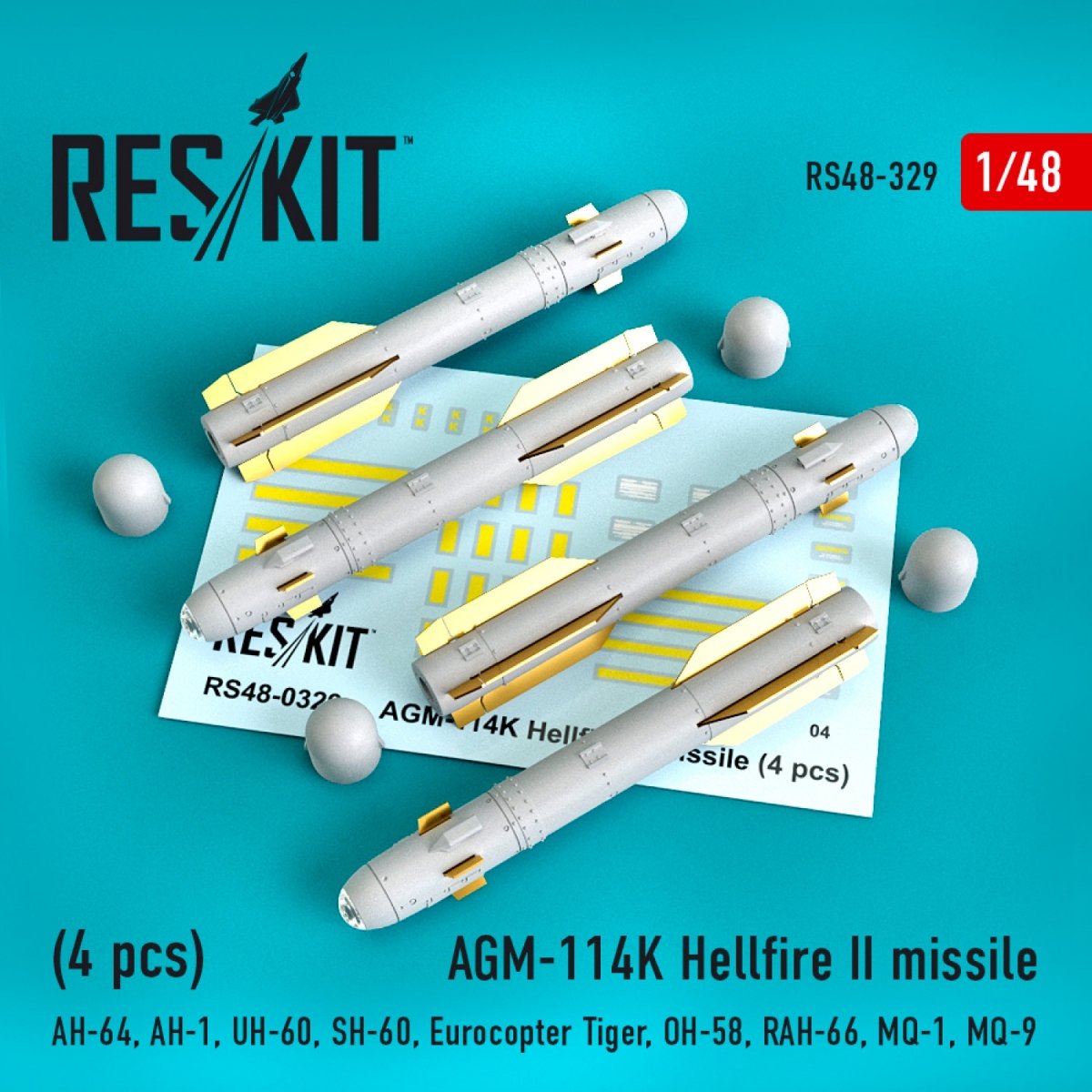 RESKIT RS48-0329 MISSILES AGM-114K HELLFIRE II (4 PIÈCES) 1/48