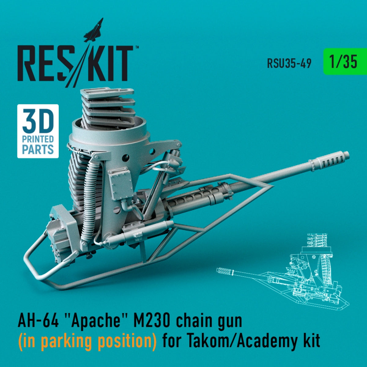 RESKIT RSU35-0049 AH-64 "APACHE" M230 CHAIN GUN (IN PARKING POSITION) FOR TAKOM/ACADEMY KIT (3D PRINTED) 1/35