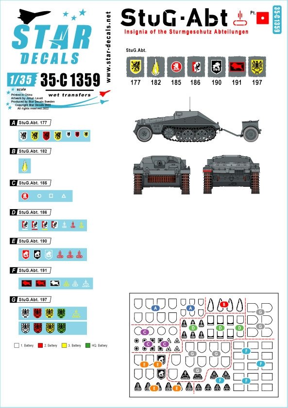 Star Decals 35-C1359 StuG-Abt 1 Insignes génériques et marquages ​​d&amp;#39;unité pour les unités Sturmgeschûtz 1/35