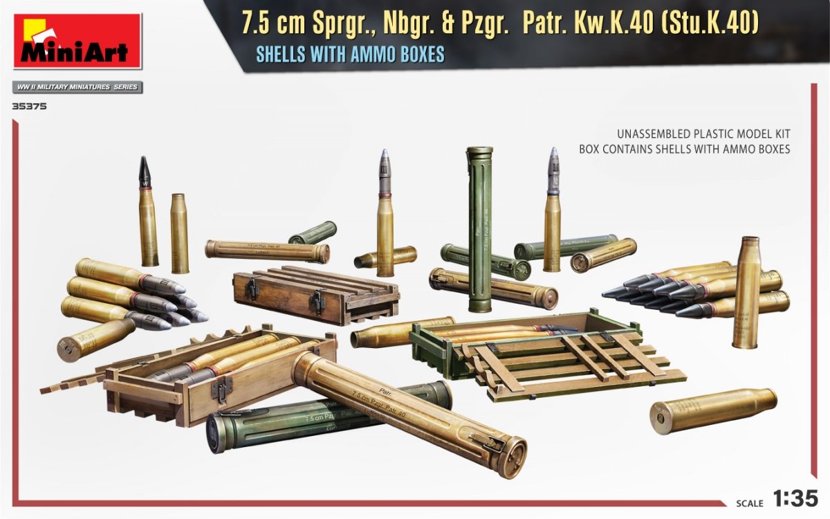 MiniArt 35375 7.5 cm Sprgr., Nbgr. &amp;amp; Pzgr. Patr. Kw.K.40 (Stu.K.40) SHELLS WITH AMMO BOXES 1/35 – zdjęcie 2