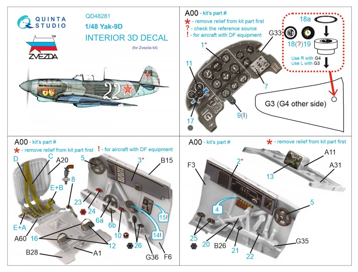 Quinta Studio QD48281 Yak-9D 3D-Printed &amp;amp; coloured Interior on decal paper ( Zvezda ) 1/48 – zdjęcie 2