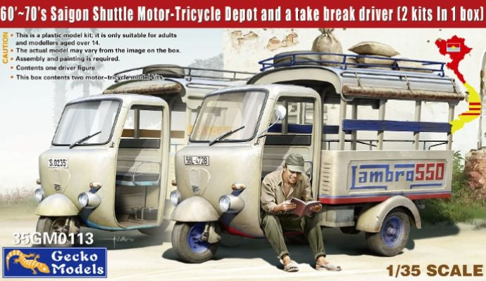 Gecko Models 35GM0113 60 - 70s Saigon Shuttle Motor-Tricycle Depot and a take break drive [2 kits In 1 box] 1/35