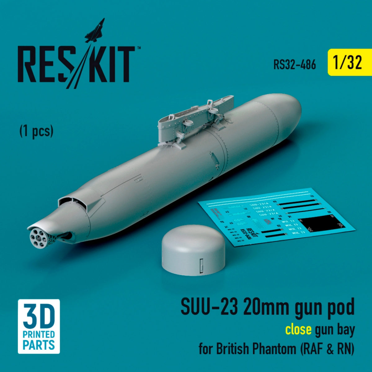 RESKIT RS32-0486 SUU-23 20mm gun pod (close gun bay) for British Phantom (RAF & RN) (1 pcs) (3D Printed) 1/32