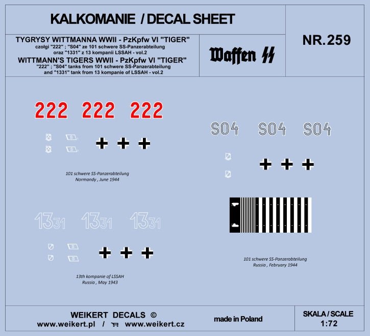 Weikert Decals DEC259 WITTMANN'S TIGERS - Char Pzkpfw VI TIGER - 101 schwere SS-Panzerabteilung - vol.2 1/72