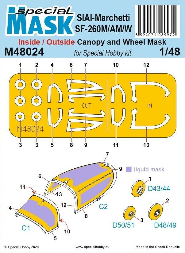 Masques intérieurs/extérieurs de verrière et de roues pour maquette Special Hobby M48024 SIAI-Marchetti SF-260M/AM/W (pour kit Special Hobby) 1/48 