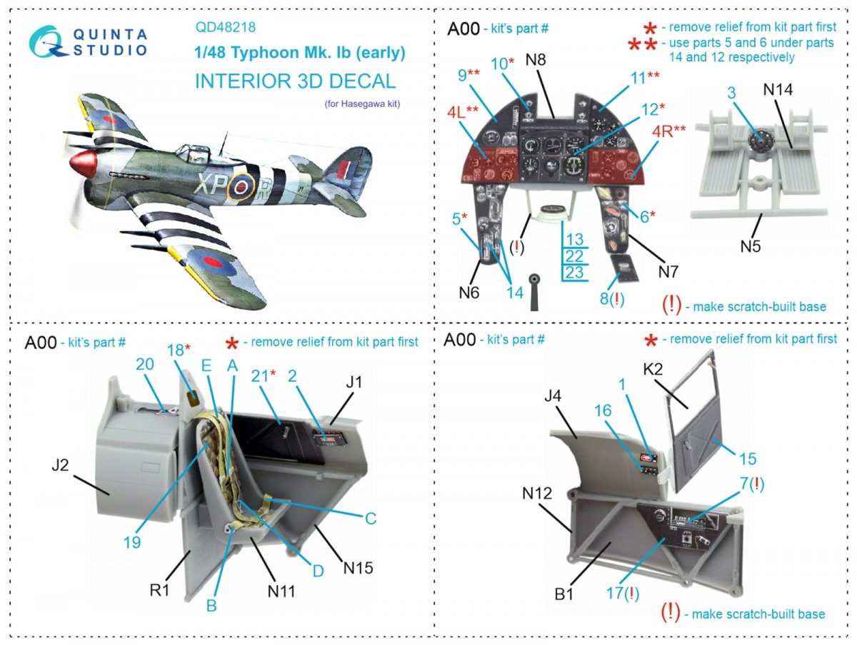 Quinta Studio QD48218 Hawker Typhoon Mk.1b early 3D-Printed &amp;amp; colored Interior on decal paper ( Hasegawa ) 1/48 – image 2