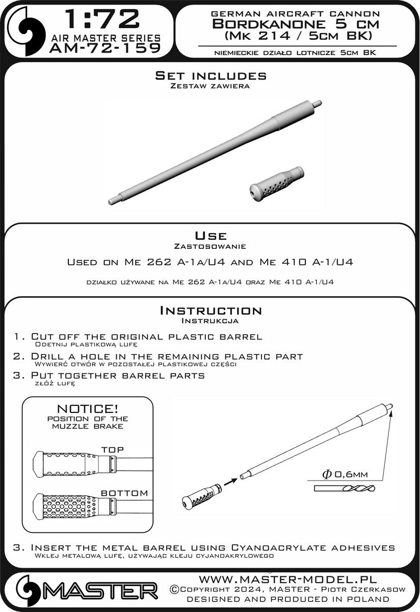 Master AM-72-159 German Bordkanone 5cm aircraft cannon (Mk 214 / 5cm BK) - used on Me 262 A-1a/U4, Me 410 A-1/U4 1/72 – image 7