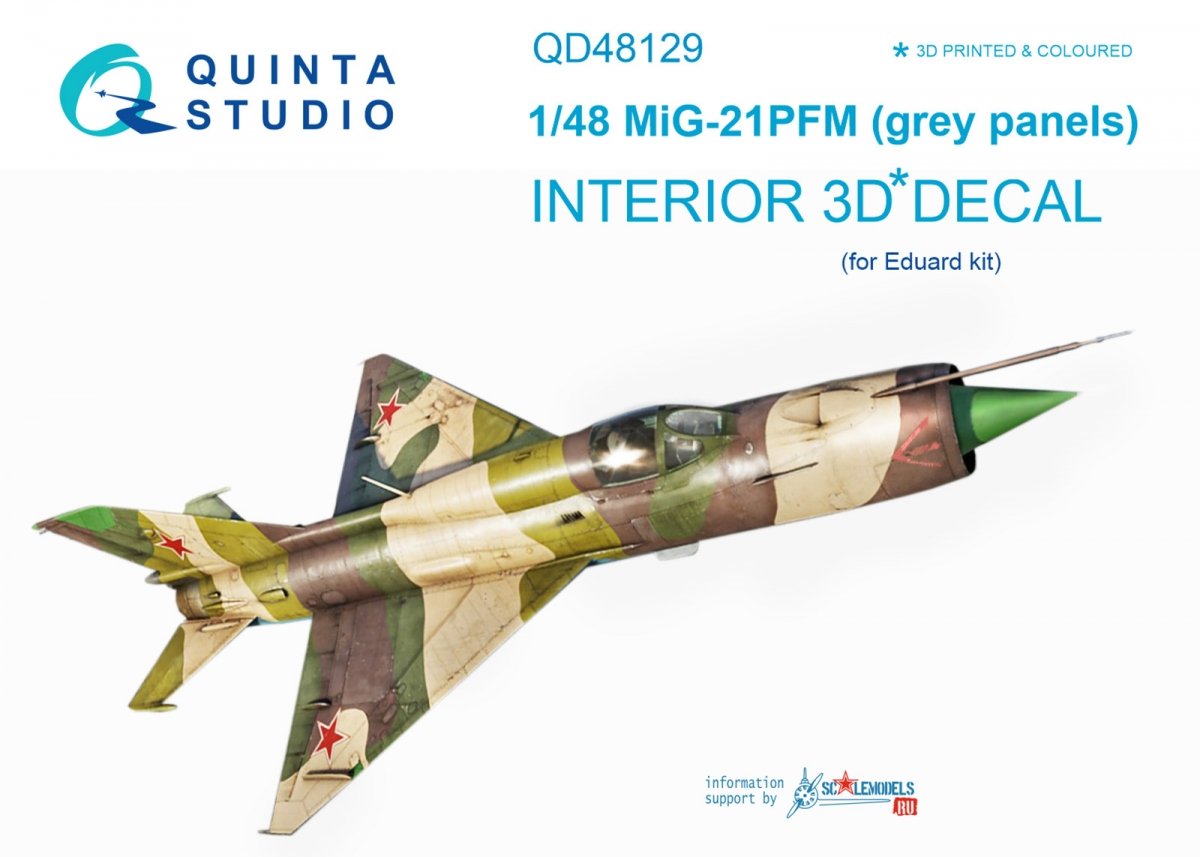 Quinta Studio QD48129 MiG-21PFM (grey color panels) 3D-Printed & coloured Interior on decal paper (for Eduard kit) 1/48