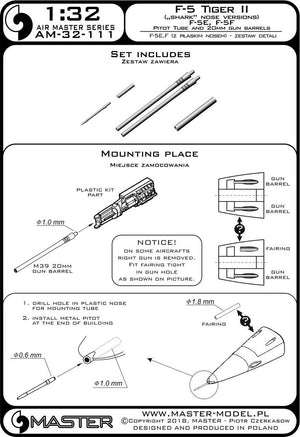 Master AM-32-111 F-5 Tiger II &amp;quot;Freedom Fighter&amp;quot; (flat nose version) - F-5A, E, F - detail set - Pitot tube and 20mm gun barrels 1/32 – image 3