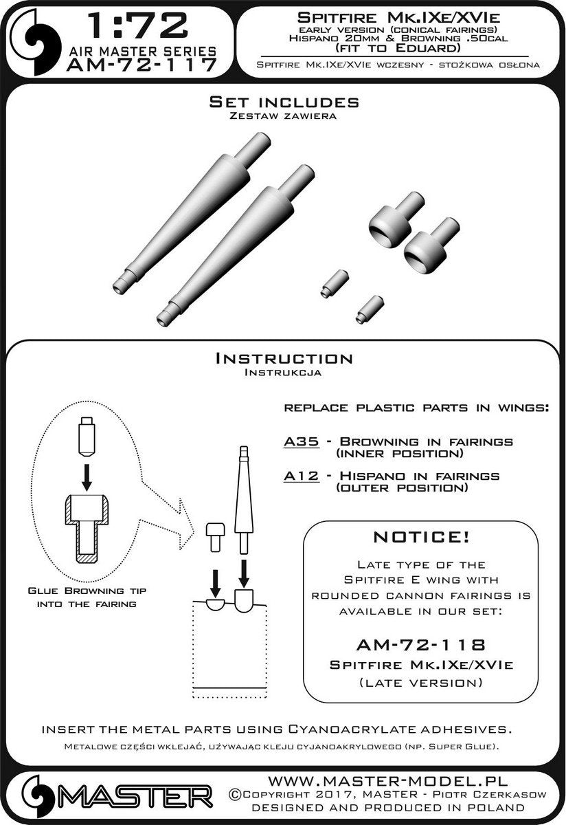 Master AM-72-117 Spitfire Mk.IXe/XVIe early version (conical mantlet) - Hispano 20mm cannon barrels and Browning .50cal MG barrels in mantlets (fits Eduard model) (1/72) – image 3