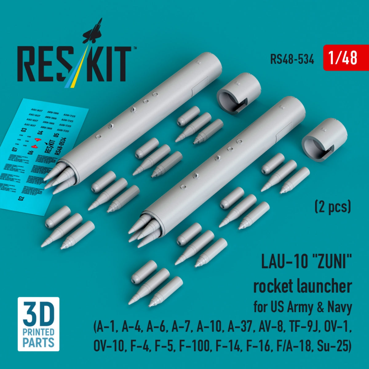 RESKIT RS48-0534 LAU-10 "ZUNI" rocket launcher for US Army &amp; Navy (2 pcs) (A-1, A-4, A-6, A-7, A-10, A-37, AV-8, TF-9J, OV-1, OV-10, F-4, F-5, F-100, F-14, F-16, F/A-18, Su-25) (3D Printed) 1/48