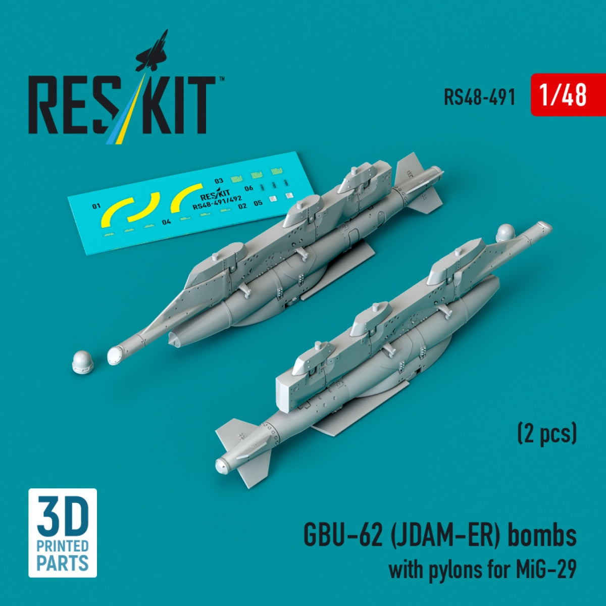 RESKIT RS48-0491 GBU-62 (JDAM-ER) bombs with pylons for MiG-29 &amp;quot;Fulcrum&amp;quot; (2 pcs) (3D Printed) 1/48