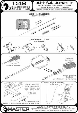 Master AM-48-125 AH-64 Apache - M230 Chain Gun barrel (30mm), Pitot Tubes and tail antenna (resin, PE and turned parts) 1/48 – zdjęcie 13