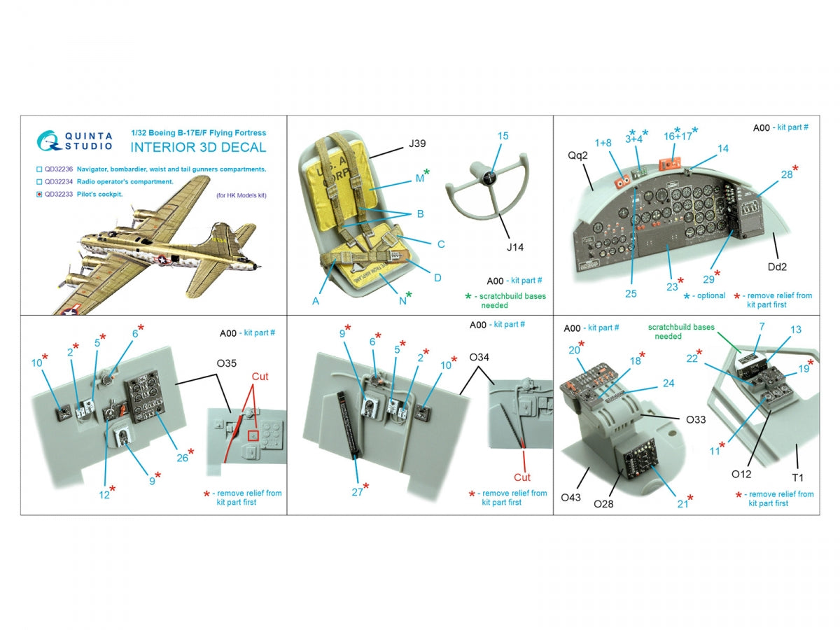 Quinta Studio QD32233 Boeing B-17E/F Pilot&amp;#39;s cockpit. 3D-Printed coloured Interior on decal paper (HK models) 1/32 – Bild 2