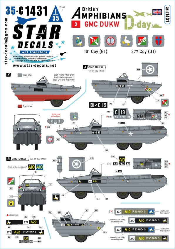 Star Decals 35-C1431 D-Day DUKW. British Amphibians # 3. 101 Coy (GT) and 377 Coy (GT) RASC. 1/35