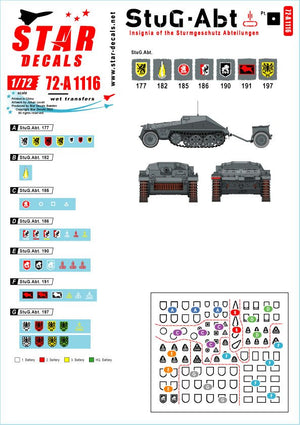 Star Decals 72-A1116 StuG-Abt #1 Generic insignia and unit markings for the Sturmgeschutz units. StuG-Abt 177. 182, 185, 186, 190, 191, 197 1/72