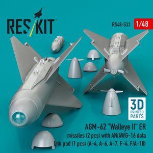 RESKIT RS48-0533 AGM-62 "Walleye II" ER missiles (2 pcs) with AN/AWG-16 data link pod (1 pcs) (A-4, A-6, A-7, F-4, F/A-18) (3D Printed) 1/48