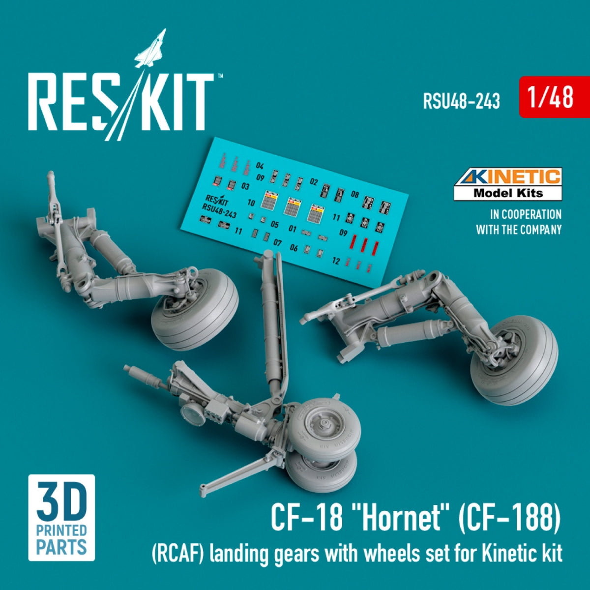 Train d'atterrissage avec roues RESKIT RSU48-0243 CF-18 « Hornet » (CF-188) (RCAF) pour maquette Kinetic (impression 3D) à l'échelle 1/48