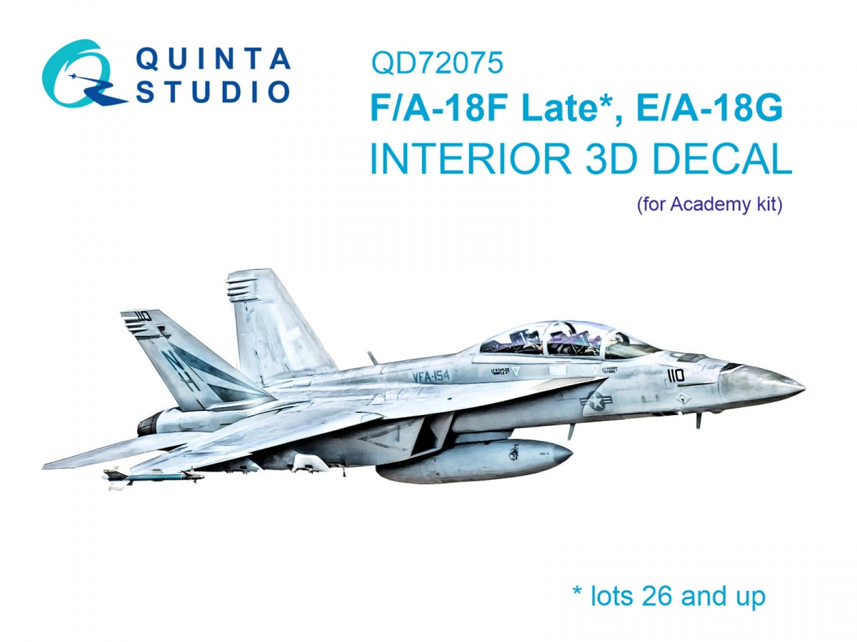 Quinta Studio QD72075 F/A-18F Late, E/A-18G 3D-Printed & coloured Interior on decal paper (Academy) 1/72