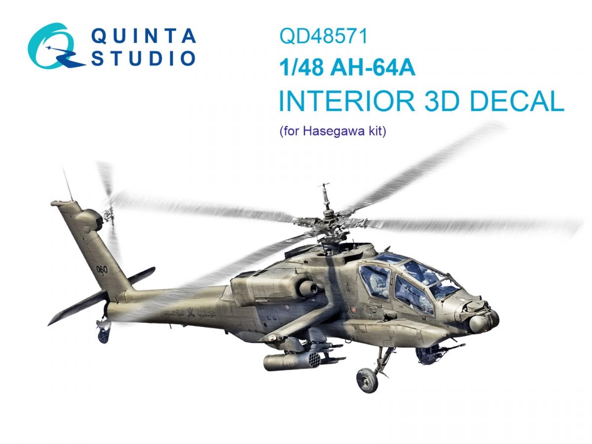Quinta Studio QD48571 AH-64A 3D-Printed &amp;amp; colored Interior on decal paper (Hasegawa) 1/48