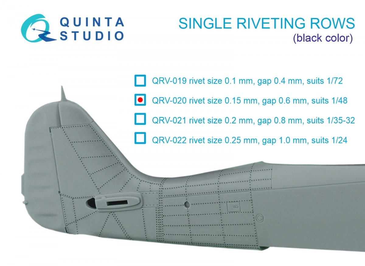 Quinta Studio QRV-021 Single riveting rows (rivet size 0.20 mm, gap 0.8 mm, suits 1/32 scale), Black color, total length 5,8 m/19 ft