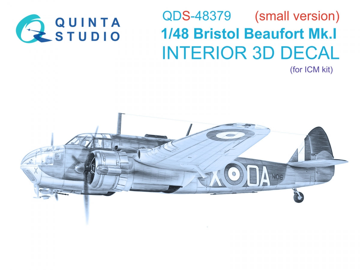 Quinta Studio QDS-48379 Bristol Beaufort Mk.I 3D-Printed &amp;amp; colored Interior on decal paper (ICM) (Small version) 1/48