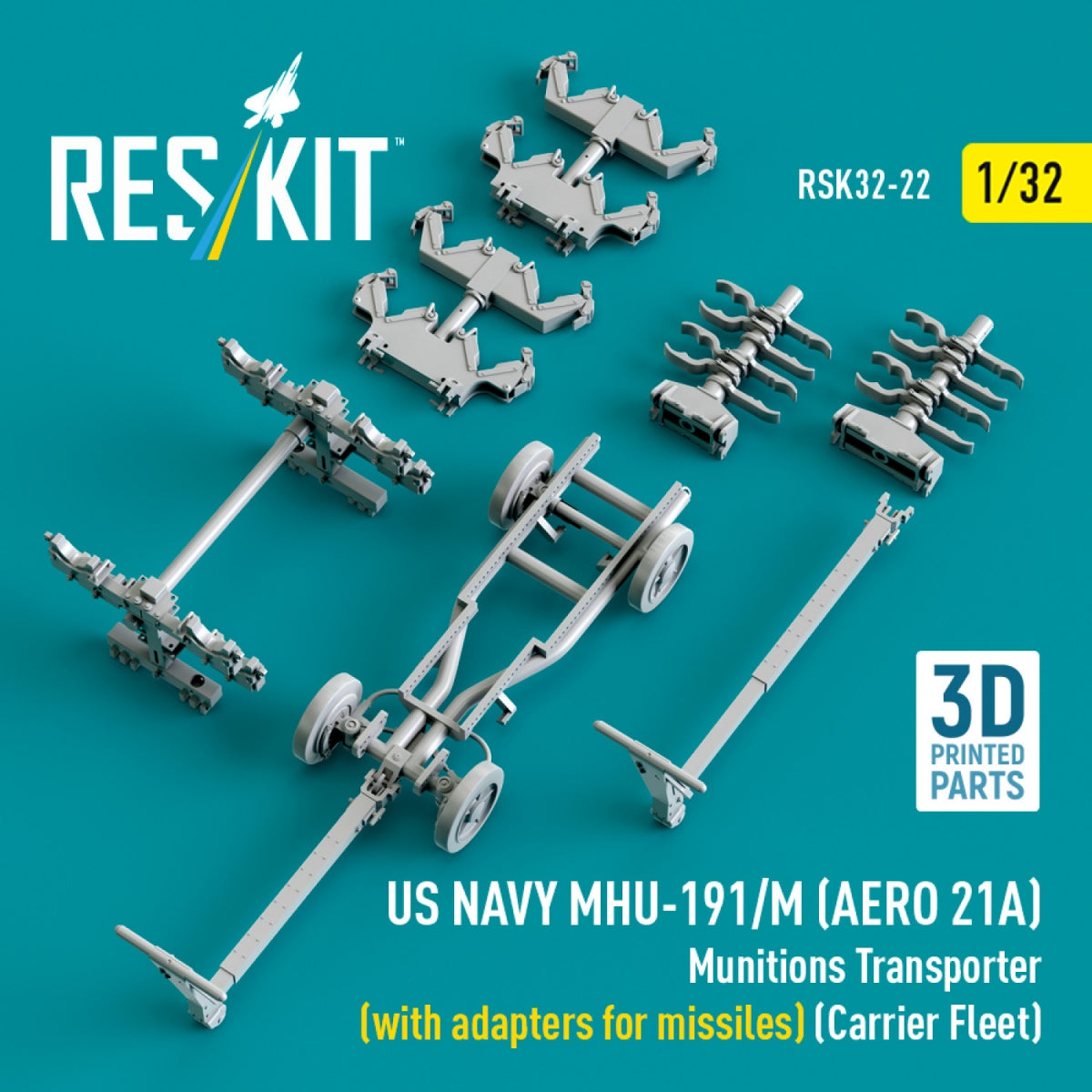 RESKIT RSK32-0022 US NAVY MHU-191/M (AERO 21A) Munitions Transporter (with adapters for bombs) (Carrier Fleet) (3D Printed model kit) 1/32 – zdjęcie 4