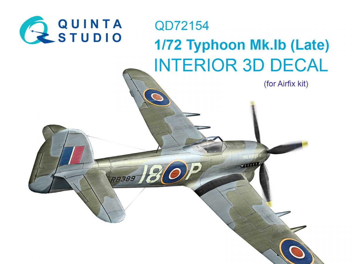 Quinta Studio QD72154 Typhoon Mk.1B Late 3D-Printed colored Interior on decal paper (Airfix) 1/72