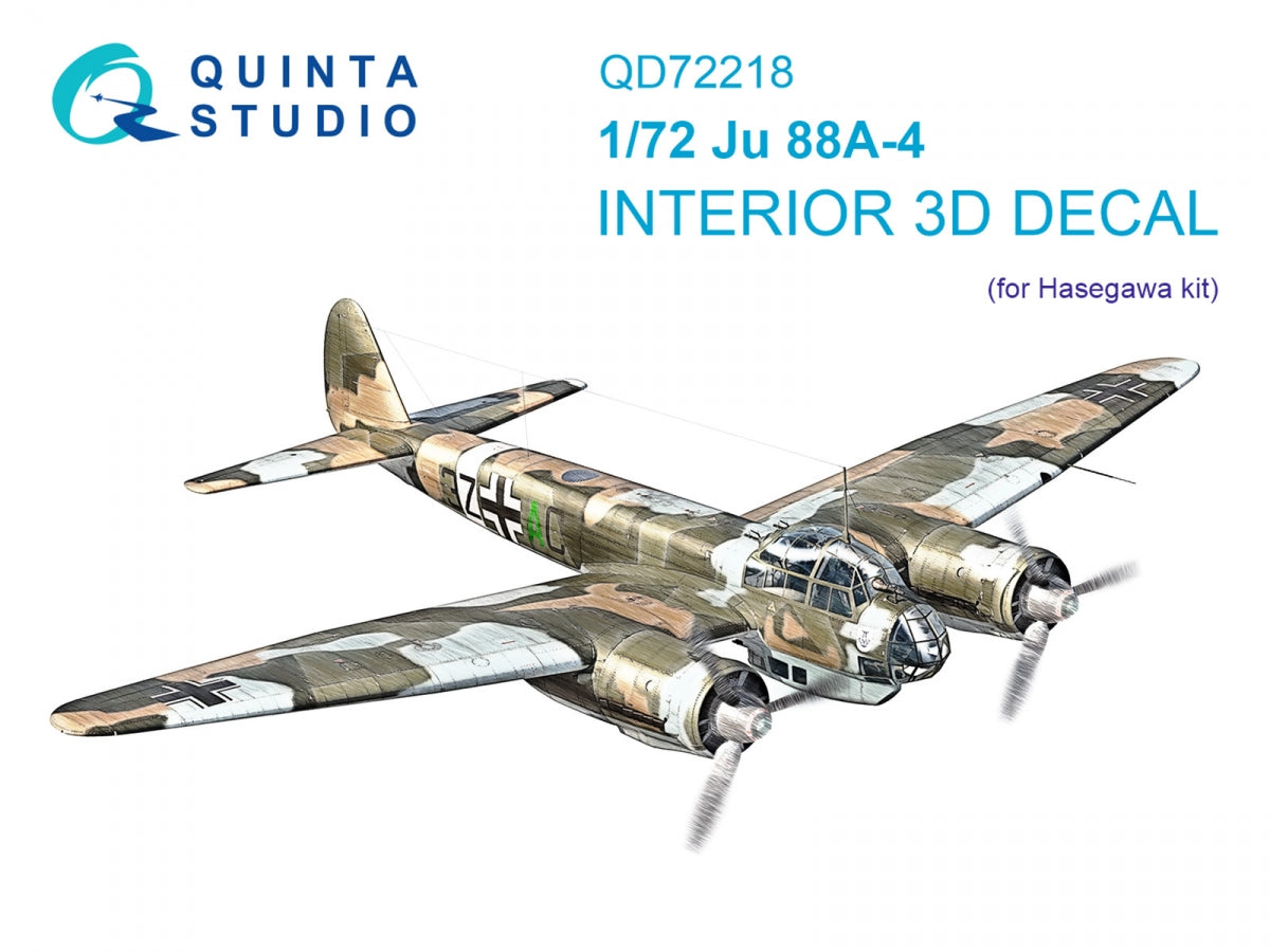 Quinta Studio QD72218 Ju 88A-4 3D-Printed &amp;amp; coloured Interior on decal paper (Hasegawa) 1/72