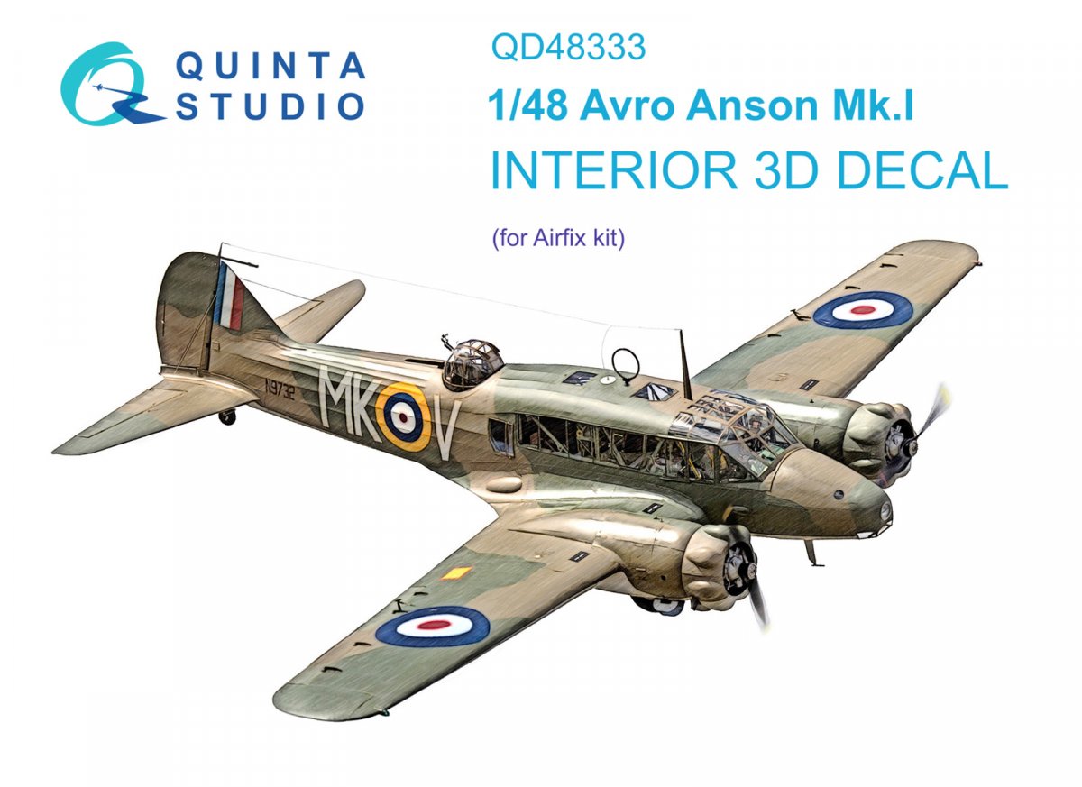 Quinta Studio QD48333 Avro Anson Mk.I 3D-Printed &amp; colored Interior on decal paper (Airfix) 1/48