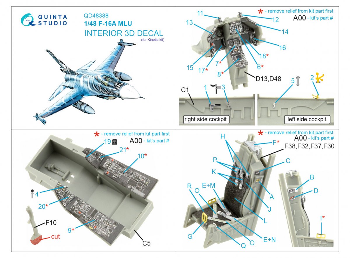 Quinta Studio QD48388 F-16A MLU 3D-Printed &amp;amp; coloured Interior on decal paper (Kinetic) 1/48 – zdjęcie 2