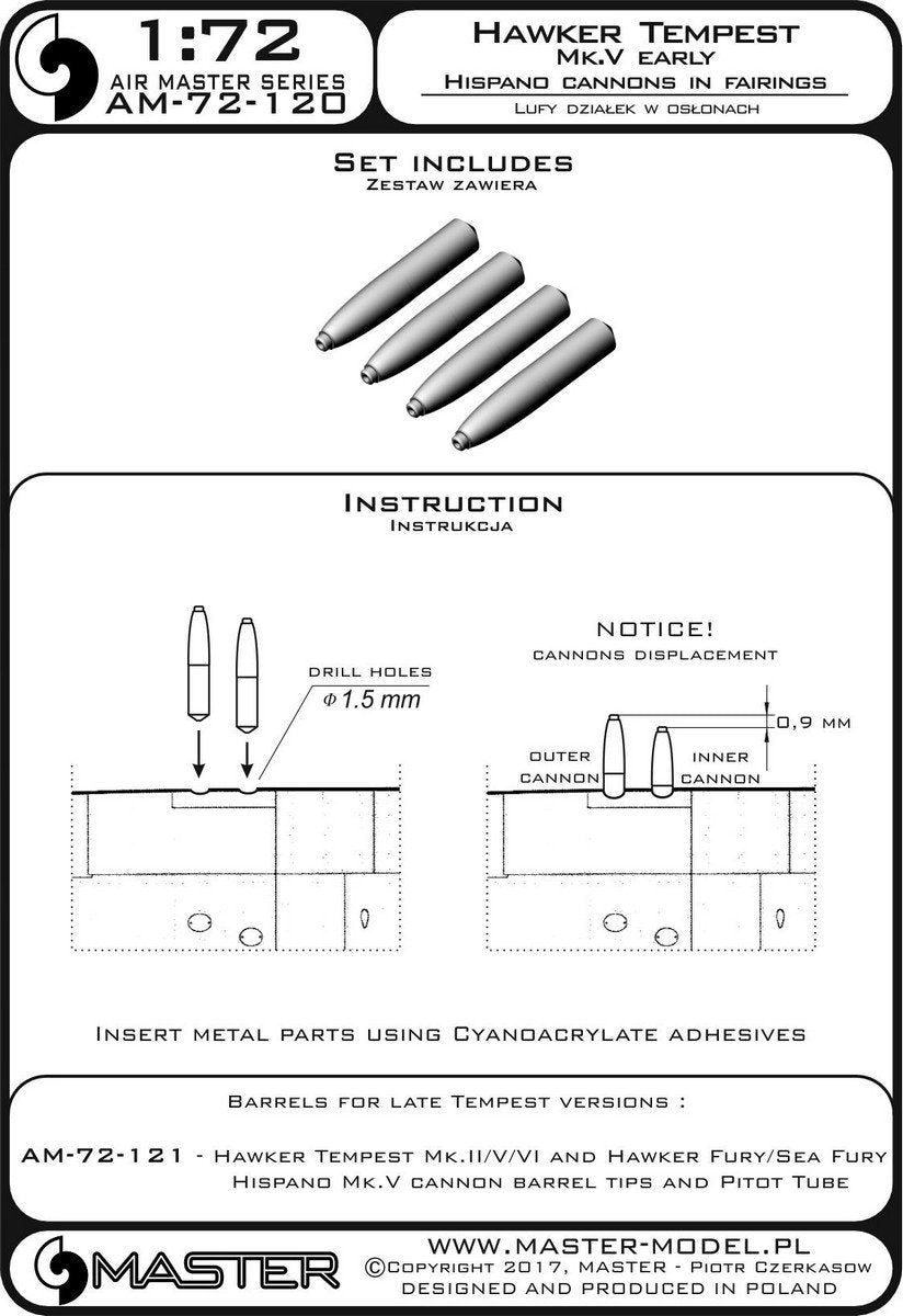 Master AM-72-120 Hawker Tempest Mk.V wczesna wersja - lufy działek Hispano 20mm w osłonach (4 szt.) 1/72 – zdjęcie 3