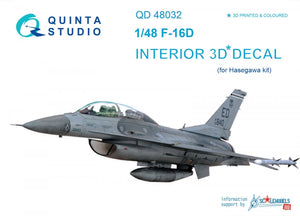 Quinta Studio QD48032 F-16D 3D-Printed &amp;amp; coloured Interior on decal paper (for Hasegawa kit) 1/48