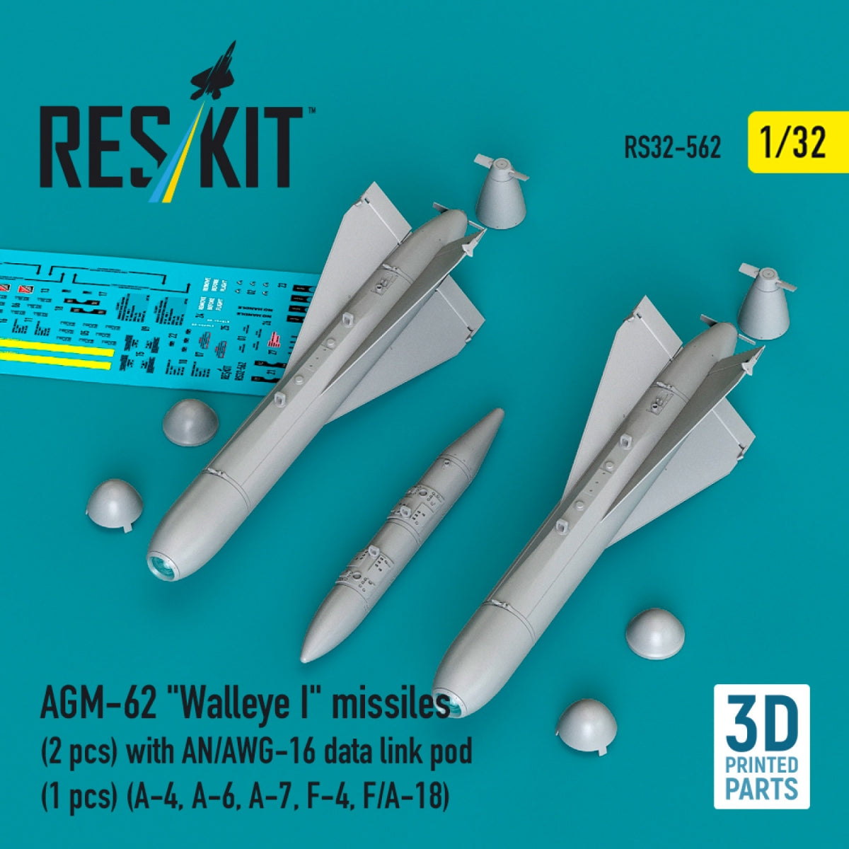 RESKIT RS32-0562 AGM-62 "Walleye I" missiles (2 pcs) with AN/AWG-16 data link pod (1 pcs) (A-4, A-6, A-7, F-4, F/A-18) (3D Printed) 1/32