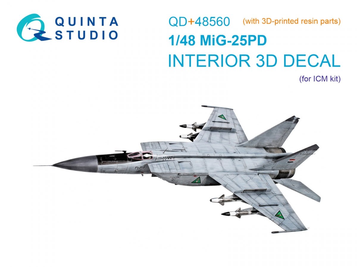 Quinta Studio QD+48560 MiG-25PD 3D-Printed &amp;amp; coloured Interior on decal paper (ICM) (with 3D-printed resin parts) 1/48