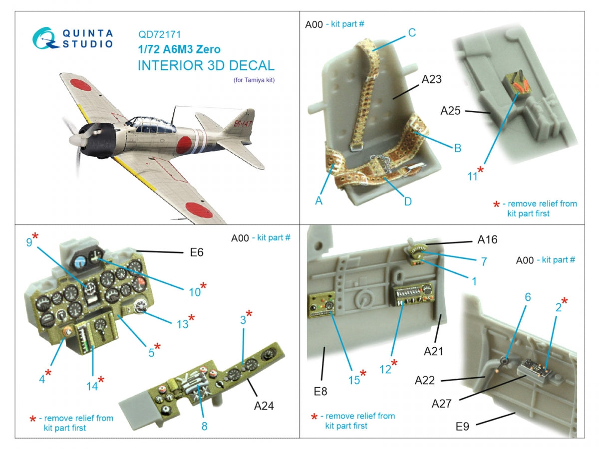 Quinta Studio QD72171 A6M3 Zero 3D-Printed &amp;amp; coloured Interior on decal paper (Tamiya) 1/72 – zdjęcie 3