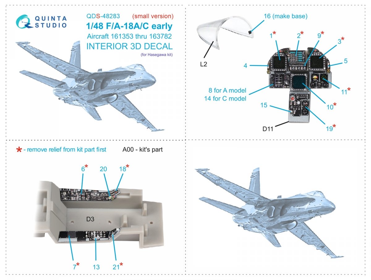 Quinta Studio QDS-48283 F/A-18A / C early 3D-Printed &amp;amp; colored Interior on decal paper (Hasegawa) (Small version) 1/48 – image 9
