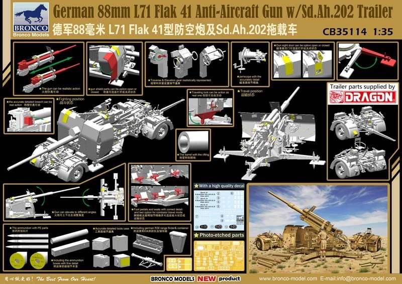 Bronco CB35114 German 88 mm L71 Flak 41 AA Gun w /Sd.Ah.202 1/35 – zdjęcie 2